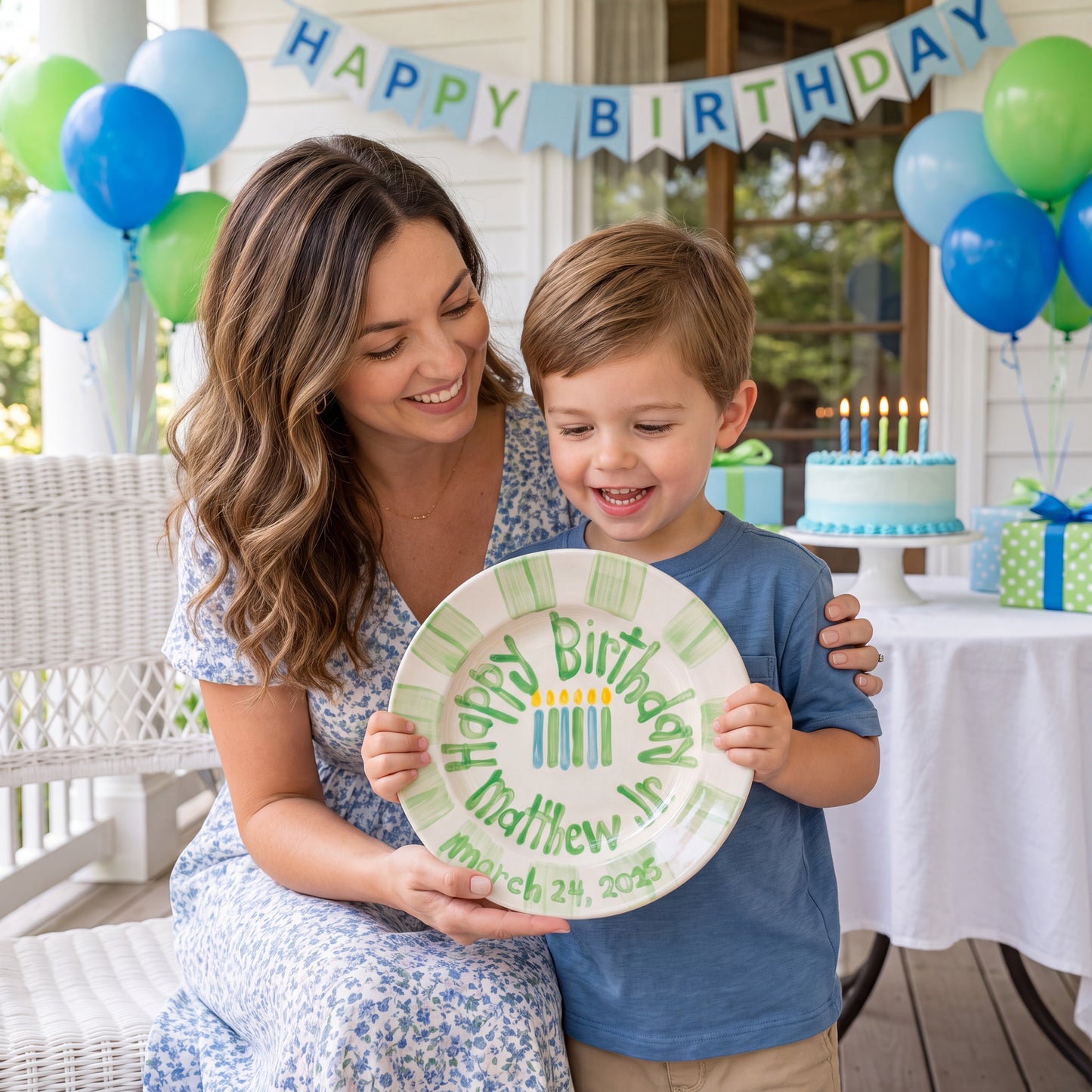 Personalized Birthday Plate – Green Striped Border & Birthday Candles Design | BHL020