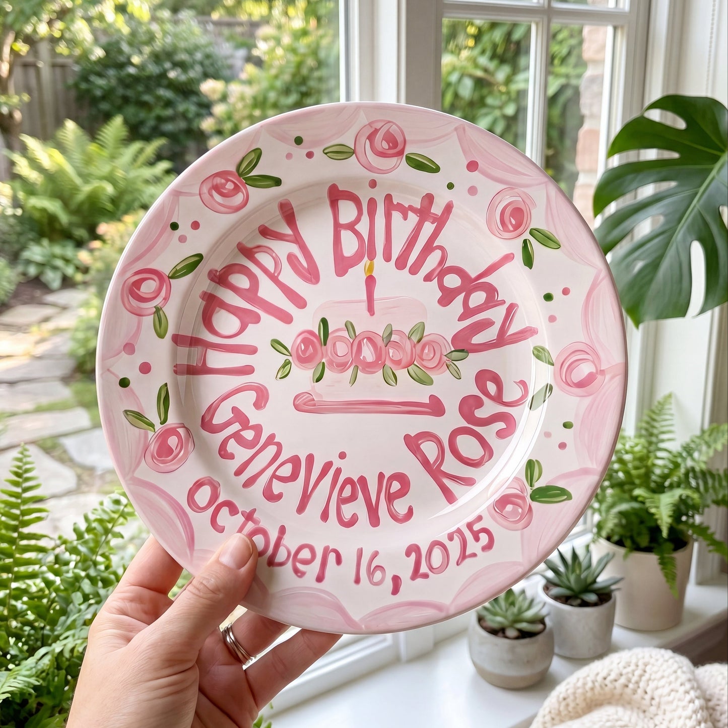 Personalized Birthday Plate – Pink Scalloped Rose Border & Cake Design | BHL011