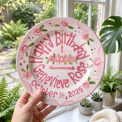 Personalized Birthday Plate – Pink Scalloped Rose Border & Cake Design | BHL011