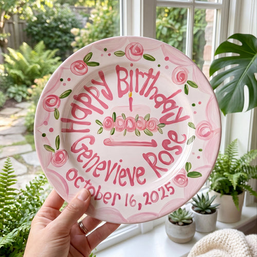 Personalized Birthday Plate – Pink Scalloped Rose Border & Cake Design | BHL011