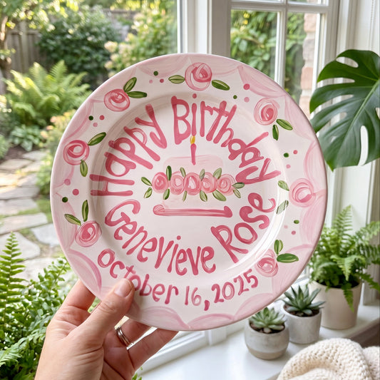 Personalized Birthday Plate – Pink Scalloped Rose Border & Cake Design | BHL011