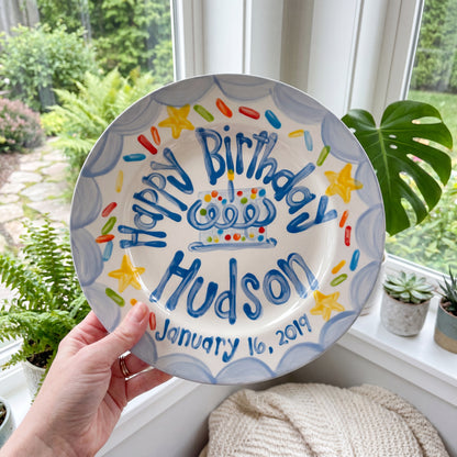 Personalized Birthday Plate – Blue Scalloped Border, Yellow Stars & Sprinkle Cake Design | BHL013