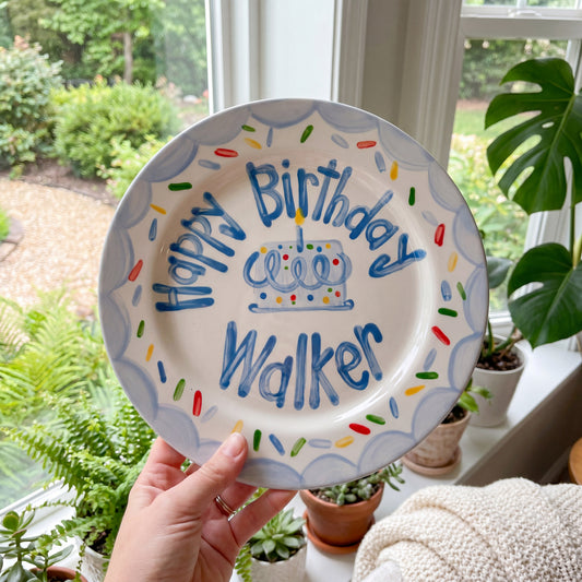 Personalized Birthday Plate – Blue Scalloped Border, Colorful Sprinkles & Blue Cake Design | BHL014