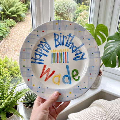 Personalized Birthday Plate – Blue Plaid Border, Colorful Polka Dots & Birthday Candles Design | BHL015