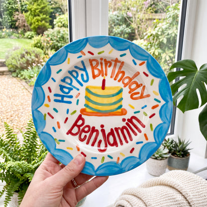Personalized Birthday Plate – Blue Scalloped Border, Colorful Sprinkles & Striped Cake Design | BHL017