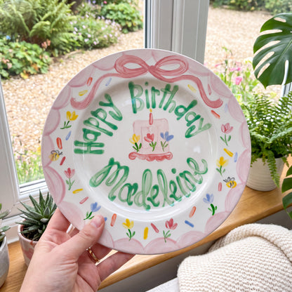 Personalized Birthday Plate – Pink Bow, Floral Cake & Bee Garden Border Design | BHL018
