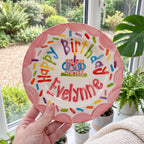 Personalized Birthday Plate – Pink Scalloped Border, Colorful Sprinkles & Polka Dot Cake Design | BHL019