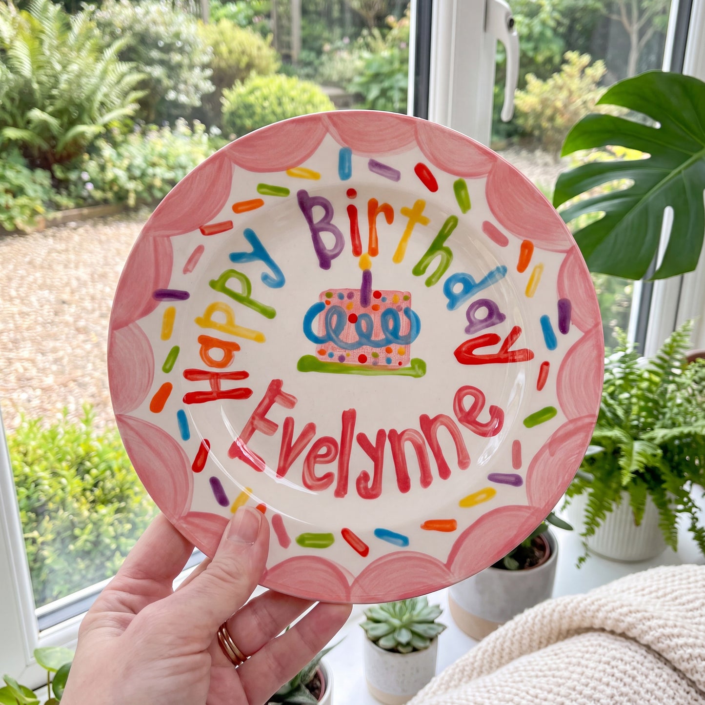 Personalized Birthday Plate – Pink Scalloped Border, Colorful Sprinkles & Polka Dot Cake Design | BHL019