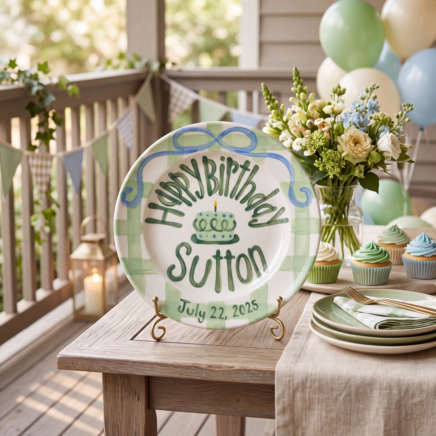 Personalized Birthday Plate – Green Gingham Bow & Polka Dot Cake Design | B085