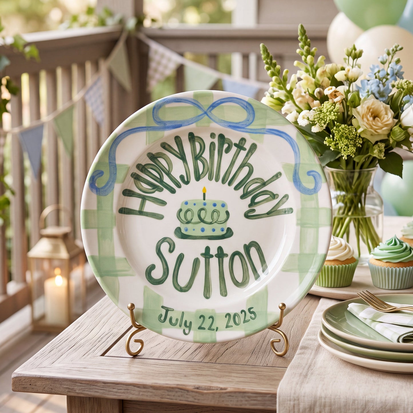 Custom Name Birthday Plate – Green Gingham Bow & Cake Design | B085