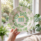 Custom Name Birthday Plate – Green Checkered Candle Design | BHL020