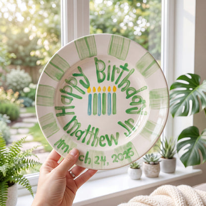 Personalized Birthday Plate – Green Striped Border & Birthday Candles Design | BHL020