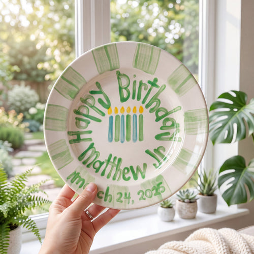 Personalized Birthday Plate – Green Striped Border & Birthday Candles Design | BHL020