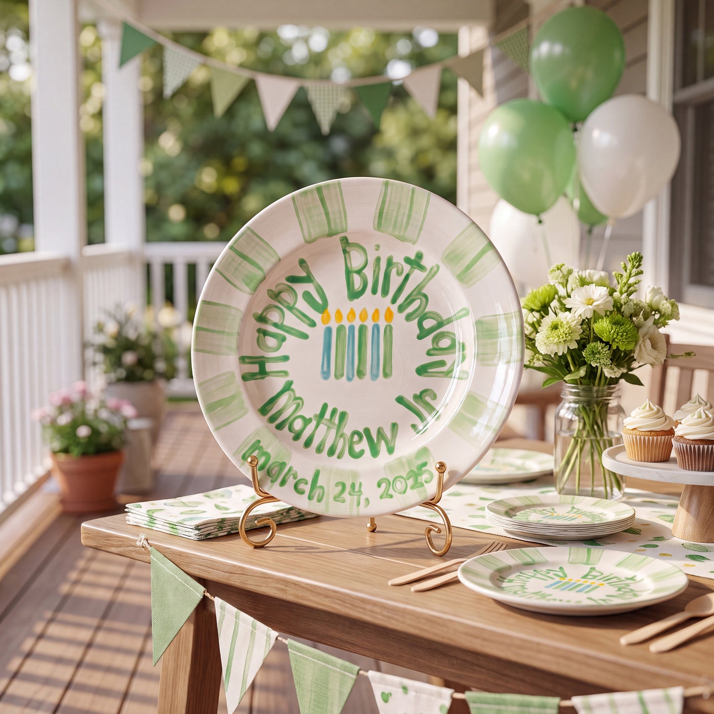 Personalized Birthday Plate – Green Striped Border & Birthday Candles Design | BHL020