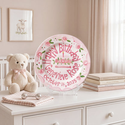 Personalized Birthday Plate – Pink Scalloped Rose Border & Cake Design | BHL011