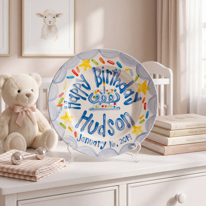 Personalized Birthday Plate – Blue Scalloped Border, Yellow Stars & Sprinkle Cake Design | BHL013