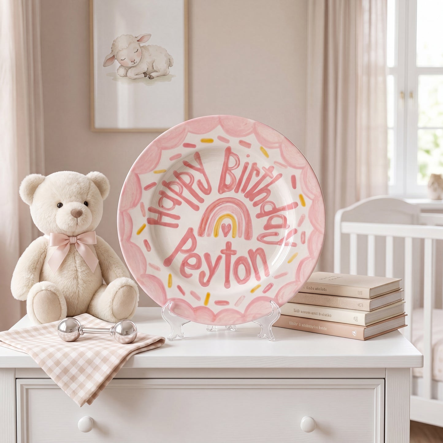 Personalized Birthday Plate – Pink Scalloped Border, Rainbow Heart & Sprinkles Design | BHL016