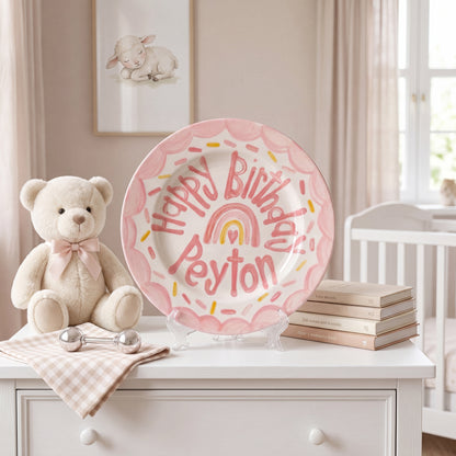Personalized Birthday Plate – Pink Scalloped Border, Rainbow Heart & Sprinkles Design | BHL016