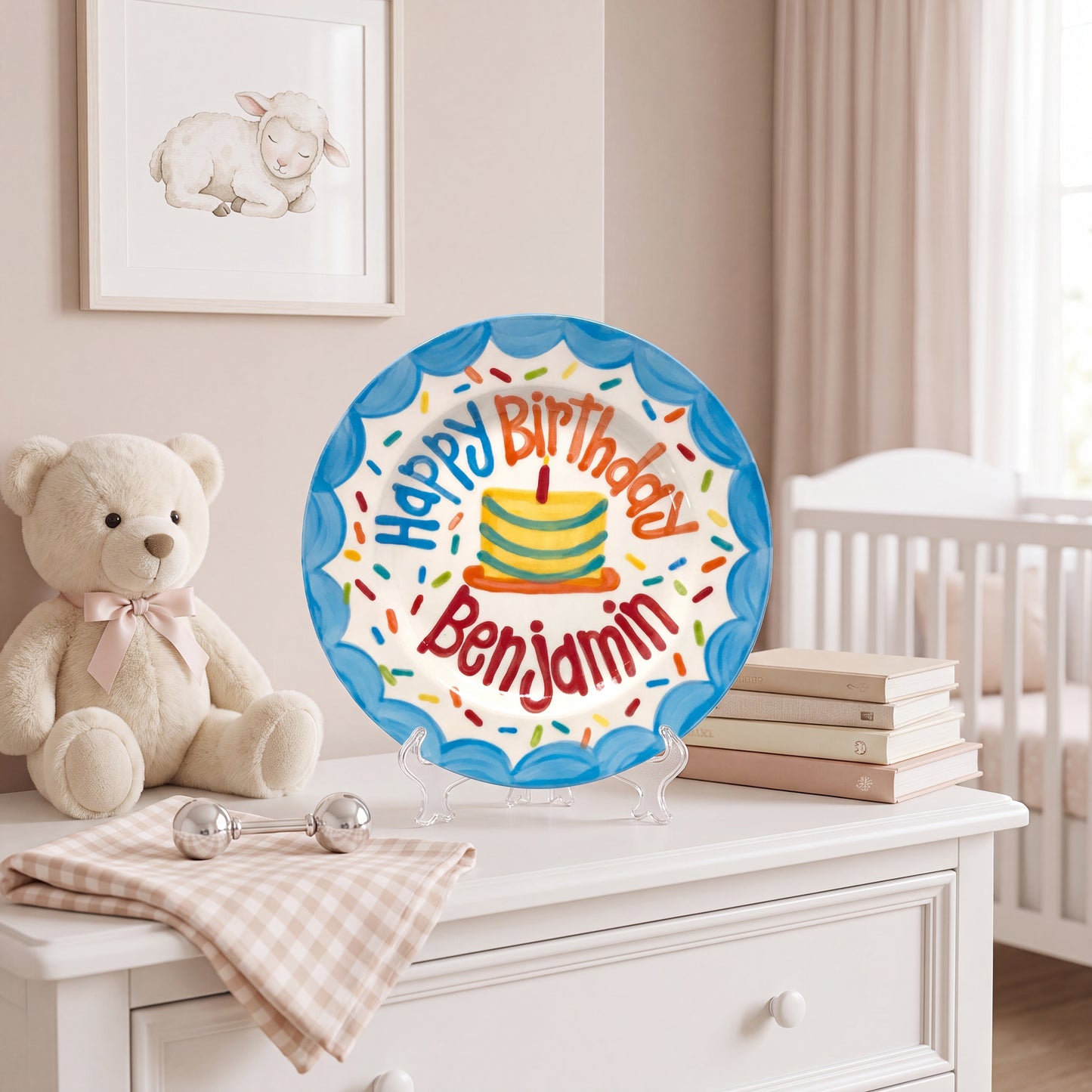 Personalized Birthday Plate – Blue Scalloped Border, Colorful Sprinkles & Striped Cake Design | BHL017