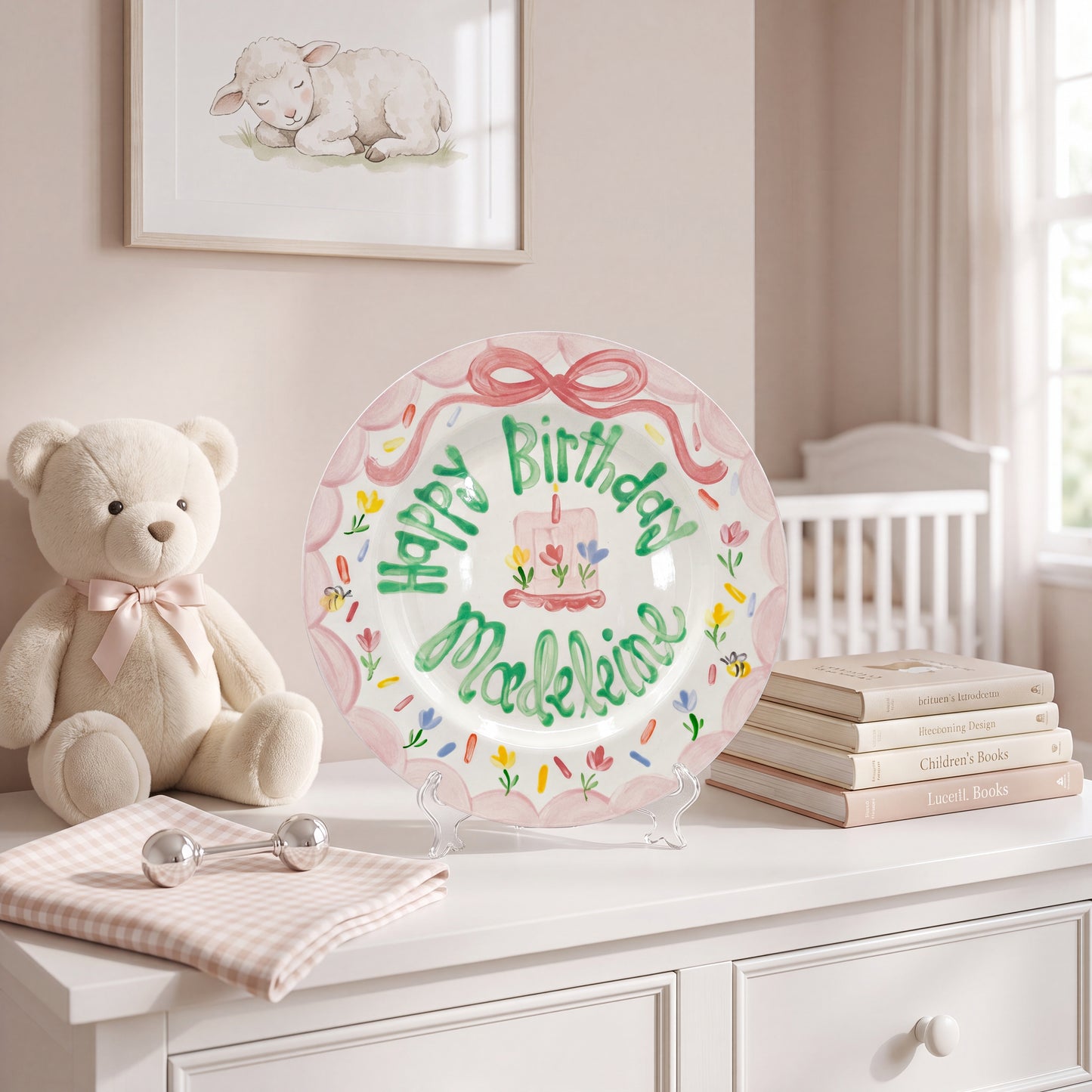 Personalized Birthday Plate – Pink Bow, Floral Cake & Bee Garden Border Design | BHL018