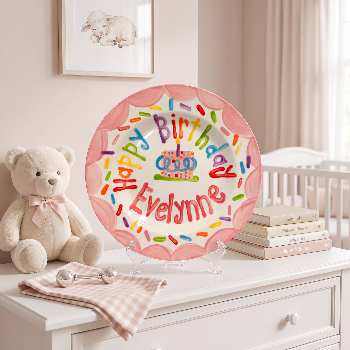 Personalized Birthday Plate – Pink Scalloped Border, Colorful Sprinkles & Polka Dot Cake Design | BHL019