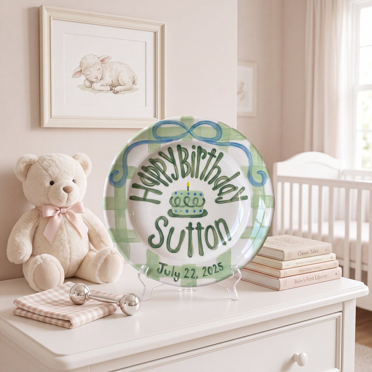 Personalized Birthday Plate – Green Gingham Bow & Polka Dot Cake Design | B085