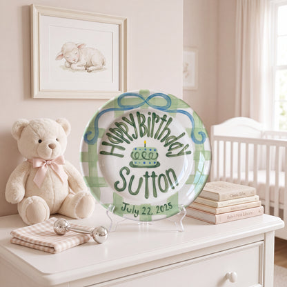 Personalized Birthday Plate – Green Gingham Bow & Polka Dot Cake Design | B085