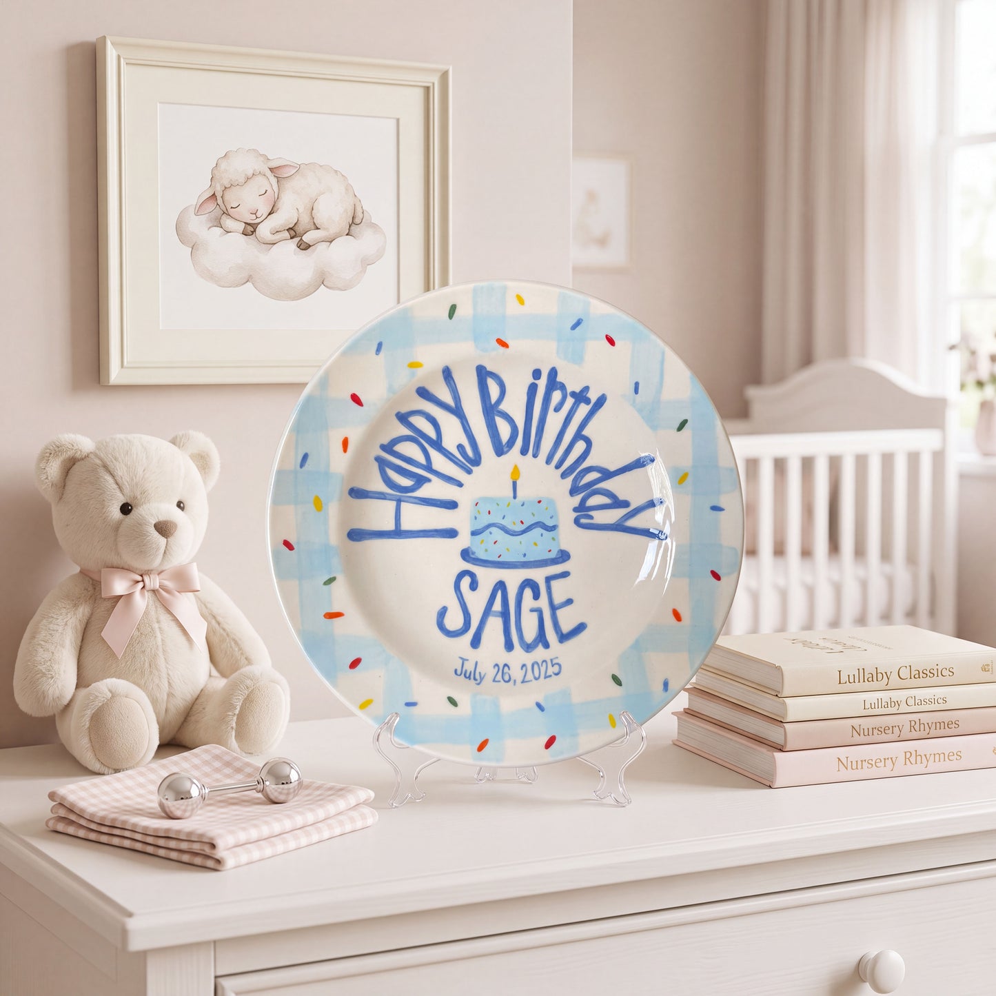Custom Name Birthday Plate – Blue Gingham Sprinkle Cake Design | B011
