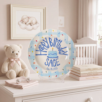 Custom Name Birthday Plate – Blue Gingham Sprinkle Cake Design | B011