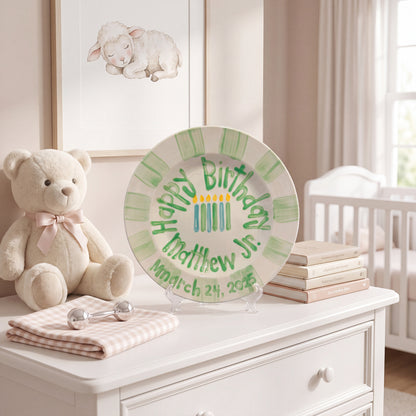 Personalized Birthday Plate – Green Striped Border & Birthday Candles Design | BHL020