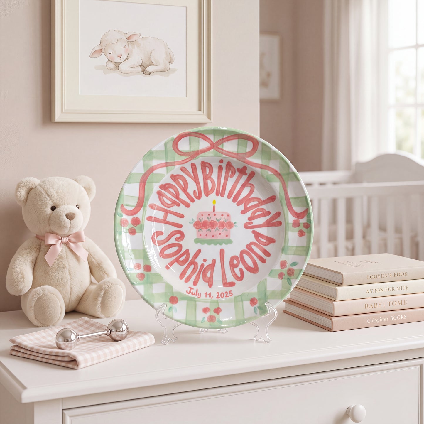 Personalized Birthday Plate – Green Gingham Bow & Rose Cake Design | B001