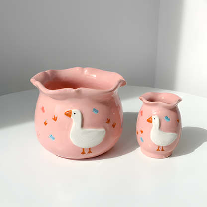 Cute White Duck Pink 3D Ceramic Matcha Bowl and Whisk Holder Set • HX01