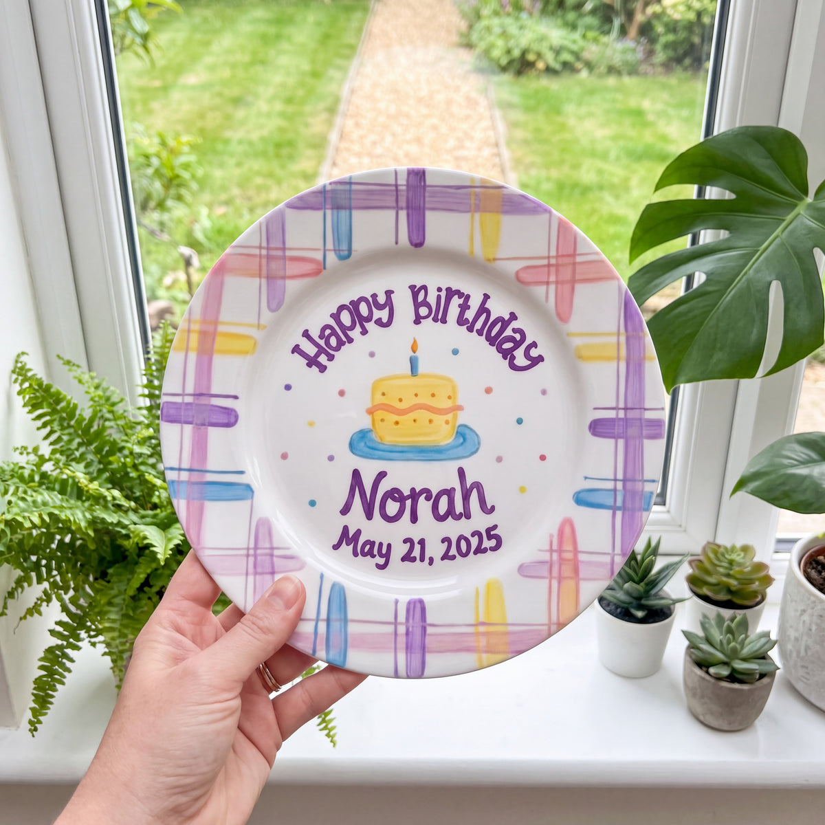 Custom Hand Painted Ceramic Birthday Plate, Pastel Plaid Cake Dish, Personalized Birthday Plate Date, First Birthday Gift Girl | B003