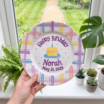 Custom Hand Painted Ceramic Birthday Plate, Pastel Plaid Cake Dish, Personalized Birthday Plate Date, First Birthday Gift Girl | B003