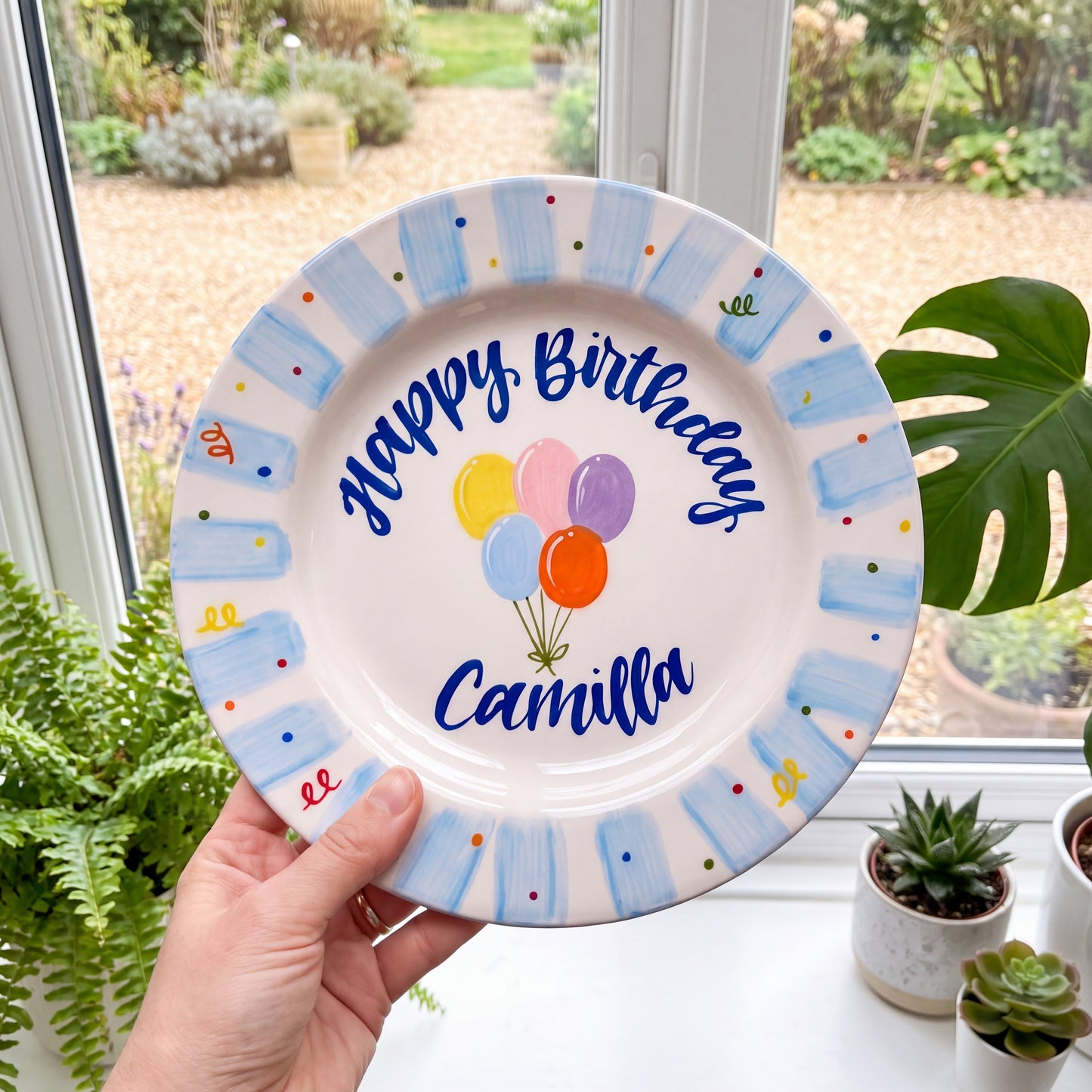 Personalized Blue Birthday Plate, Custom Ceramic Birthday Dish, Light Blue Striped Balloon Plate, Kids Birthday Tradition Heirloom Keepsake | B007
