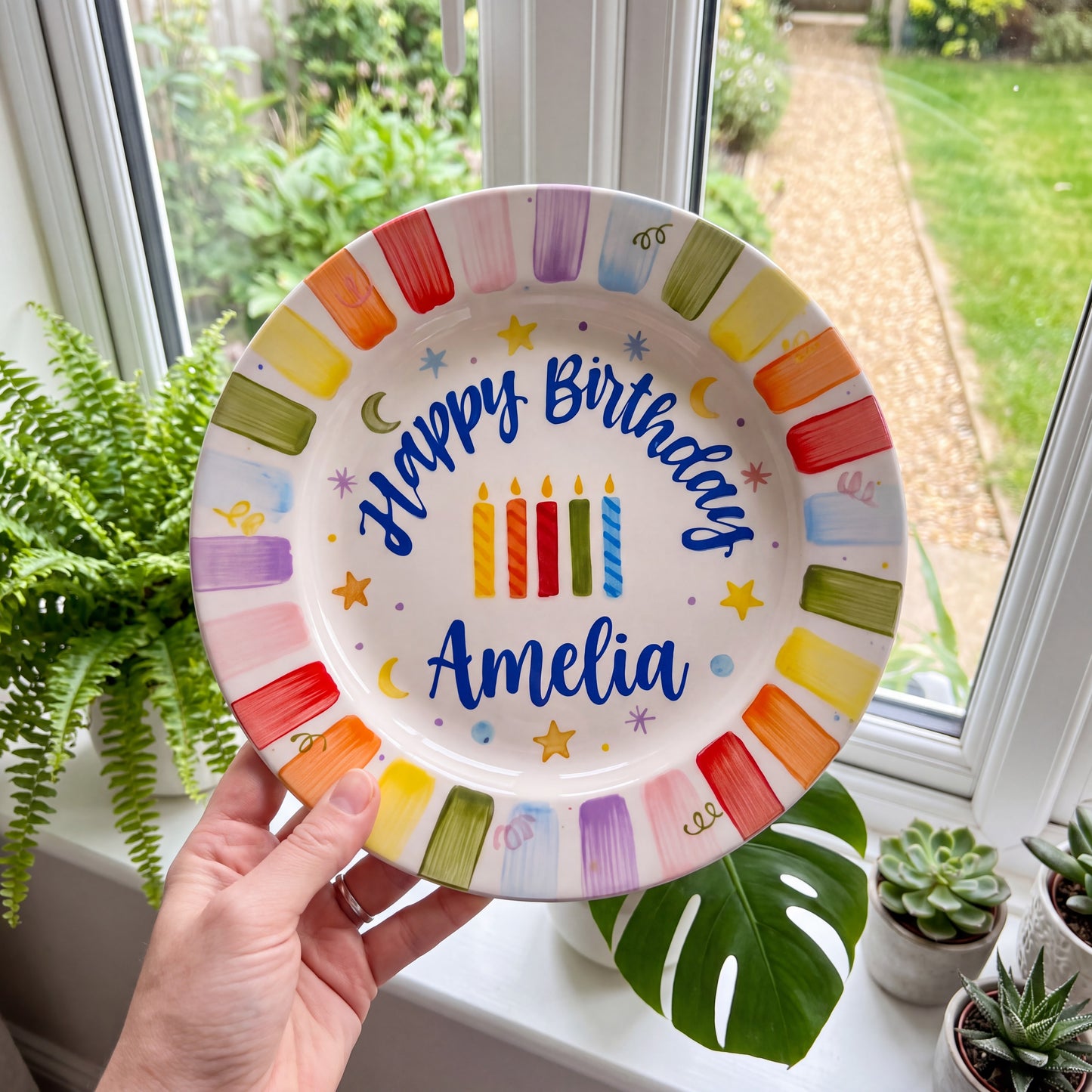 Personalized Rainbow Birthday Plate, Custom Ceramic Birthday Dish, Rainbow Striped Cake Plate, Kids Birthday Tradition Heirloom Keepsake | B008