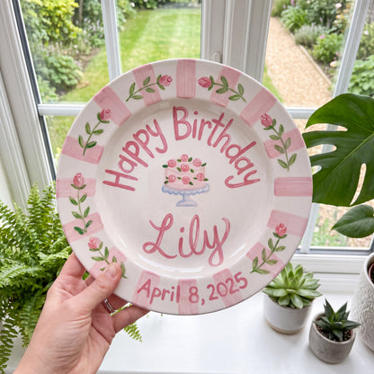 Custom Hand Painted Ceramic Birthday Plate, Pink Striped Rose Dish, Personalized Birthday Plate Date, First Birthday Gift Girl | B014