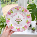 Personalized Pink Birthday Plate, Custom Ceramic Birthday Dish, Pink Rose Bow Cake Plate, Girls Birthday Tradition Heirloom Keepsake | B015