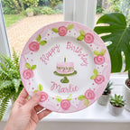 Custom Hand Painted Ceramic Birthday Plate, Pink Floral Swirl Dish, Personalized Birthday Plate, First Birthday Gift Girl | B015