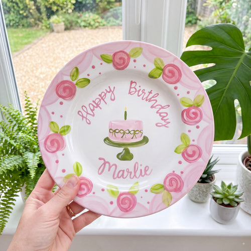 Personalized Pink Birthday Plate, Custom Ceramic Birthday Dish, Pink Rose Bow Cake Plate, Girls Birthday Tradition Heirloom Keepsake | B015