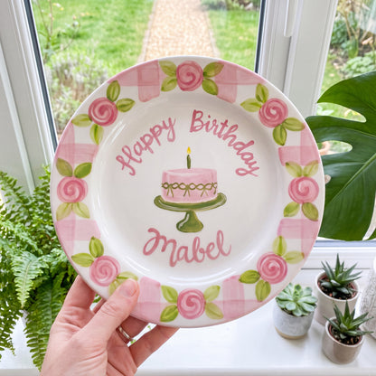 Personalized Pink Birthday Plate, Custom Ceramic Birthday Dish, Pink Gingham Rose Plate, Girls Birthday Tradition Heirloom Keepsake | B016