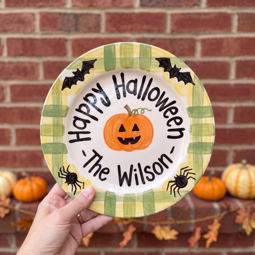 Personalized Halloween Plate, Custom Family Name Ceramic Plate, Pumpkin Bat Spider Dish, Spooky Season Tradition Keepsake | H001