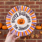 Custom Hand Painted Halloween Ceramic Plate, Orange Purple Stripe Plate, Personalized Family Name Dish, Halloween Decor Keepsake | H002