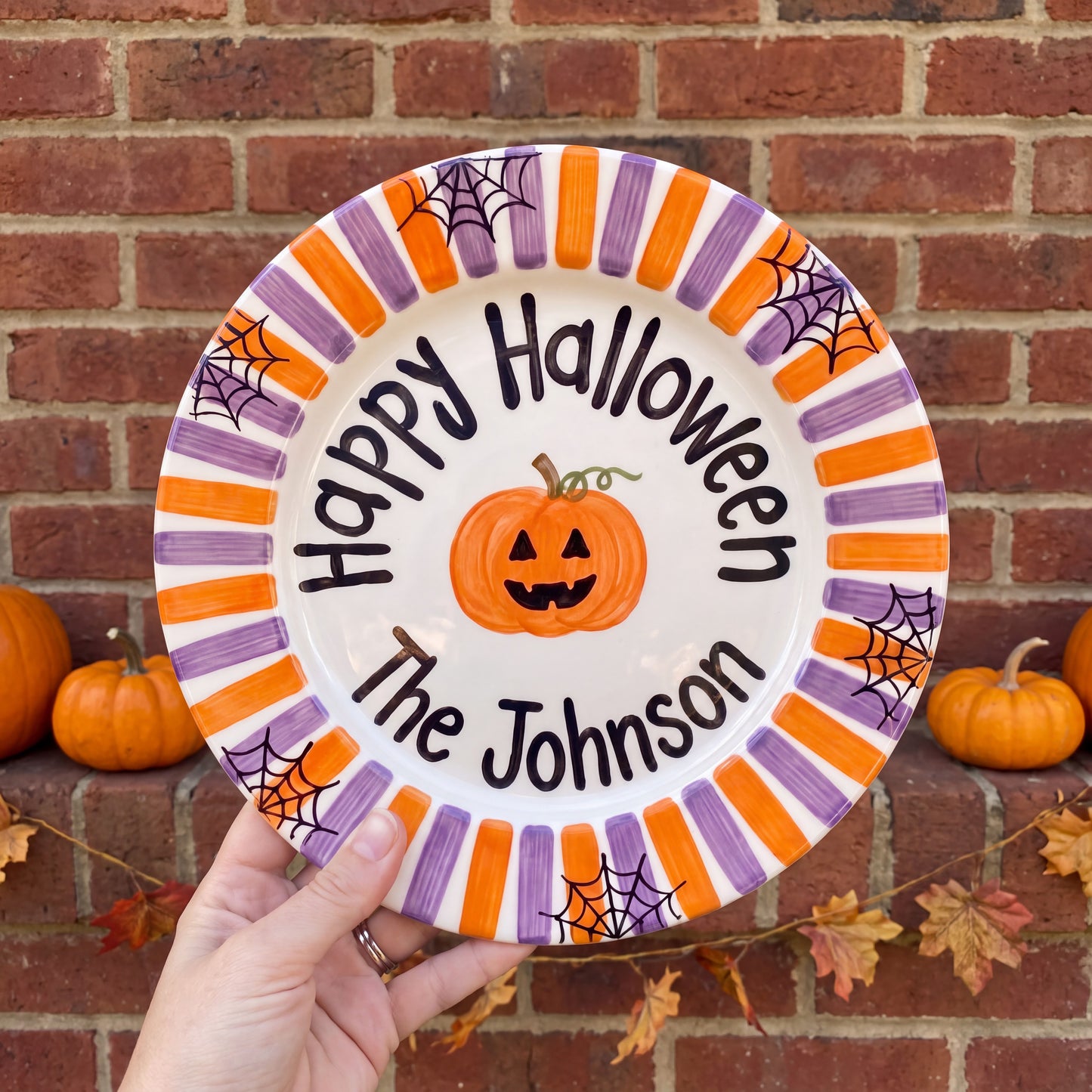 Personalized Halloween Plate, Custom Family Name Ceramic Plate, Orange Purple Striped Dish, Pumpkin Spiderweb Keepsake | H002