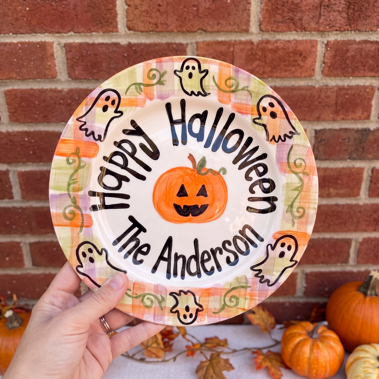 Custom Hand Painted Halloween Ceramic Plate, Plaid Ghost Pumpkin Plate, Personalized Family Name Dish, Halloween Decor Keepsake | H003