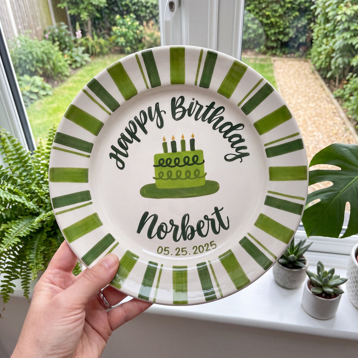 Custom Hand Painted Ceramic Birthday Plate, Green Striped Birthday Dish, Personalized Birthday Plate Date, First Birthday Gift Boyay Tradition Heirloom Keepsake | B006