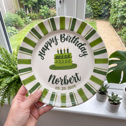 Custom Hand Painted Ceramic Birthday Plate, Green Striped Birthday Dish, Personalized Birthday Plate Date, First Birthday Gift Boyay Tradition Heirloom Keepsake | B006