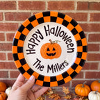 Custom Hand Painted Halloween Ceramic Plate, Orange Black Checkerboard Plate, Personalized Family Name Dish, Halloween Decor Keepsake | H004
