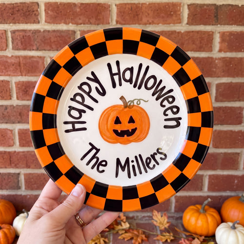 Personalized Halloween Plate, Custom Family Name Ceramic Plate, Orange Black Checkerboard Dish, Pumpkin Keepsake | H004