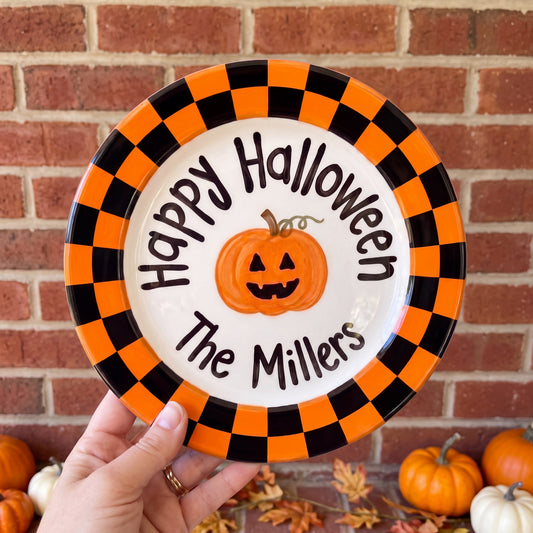 Personalized Halloween Plate, Custom Family Name Ceramic Plate, Orange Black Checkerboard Dish, Pumpkin Keepsake | H004